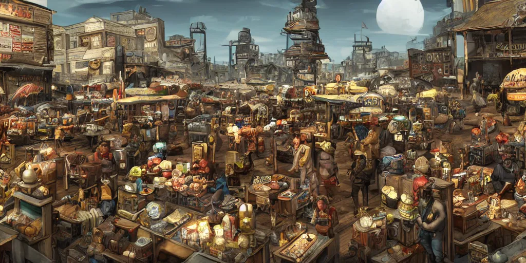 Image similar to a busy marketplace full of merchants, fallout style,, digital art, 4 k,