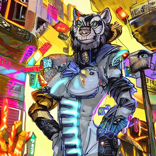 Prompt: beautiful commission digital art portrait commission of an androgynous furry anthro wolf wearing punk clothes in the streets of a cyberpunk city. neon signs. made by zaush, rick griffin, tessgarman, angiewolf, miles df, smileeeeeee, ethrk, fa, furraffinity