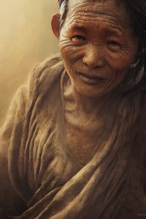 Image similar to Tibetan citizen, portrait, poor, intricate, elegant, volumetric lighting, scenery, digital painting, highly detailed, artstation, sharp focus, illustration, concept art,ruan jia, steve mccurry