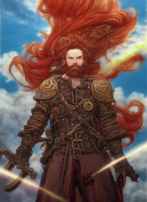Prompt: prompt : ragnarok online portrait soft light painted by james jean and katsuhiro otomo and erik jones, inspired by akira anime, epic fantasy, a long red haired, red bearded male sky - pirate standing in front of an airship, intricate oil painting, high detail illustration, sharp high detail, manga and anime 1 9 9 9