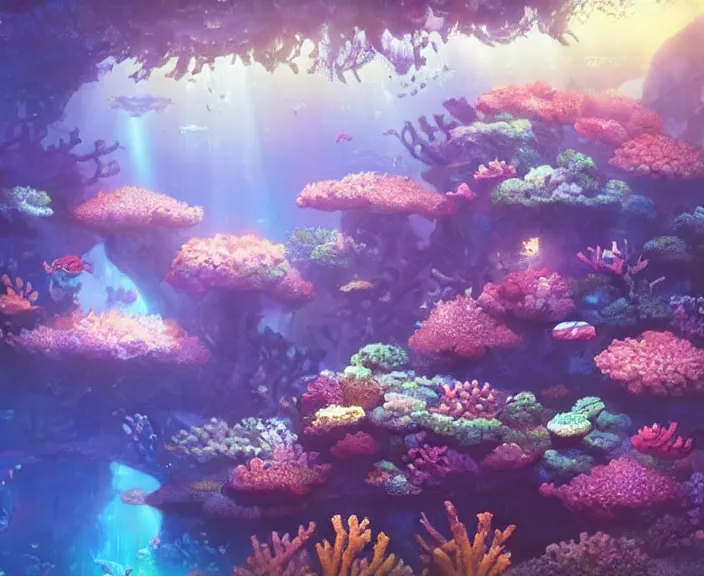 Prompt: An underground coral reef with bioluminescent algea, peaceful and serene, incredible perspective, soft lighting, anime scenery by Makoto Shinkai and studio ghibli, very detailed