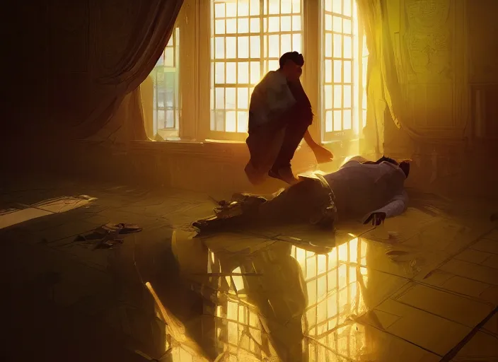 Image similar to the rich golden house and silhouette man lying on the floor alone around volumetric lighting, digital painting, highly detailed, artstation, sharp focus, illustration, concept art, ruan jia, steve mccurry, amazing composition