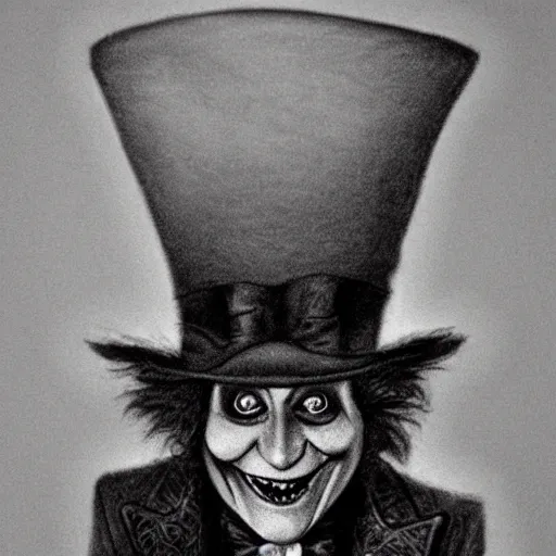 Image similar to horrifying charcoal drawing of the mad-hatter-willie-wonka-babadook