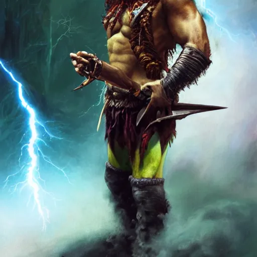 Image similar to detailed photo of a Half-orc bard portrayed by Gary Busey, 8k,by Tristan Eaton, Stanley Artgermm, Tom Bagshaw, Greg Rutkowski, Carne Griffiths, trending on DeviantArt, face enhance, hyper detailed ,full of color, dramatic lightning, epic stance