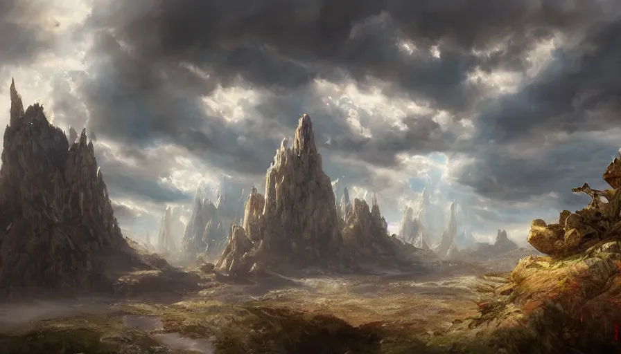 Image similar to excellent painted ancient daemon in an epic landscape in another dimension with fluffy clouds, painted by Hans Fredrik Gude, Greg Rutkowksi, Craig Mullins and Artgerm, concept art 2022, 4k, ultra realistic highly detailed oil painting