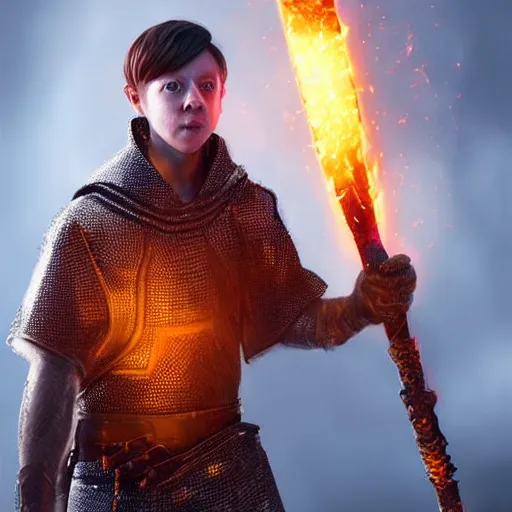 Prompt: Rupert Grint wearing chainmail tunic holding a glowing fire magical staff. Trending on Artstation, octane render, ultra detailed, art by Ross tran