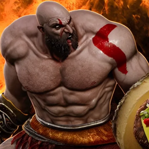 Image similar to kratos from god of war eating a cheeseburger