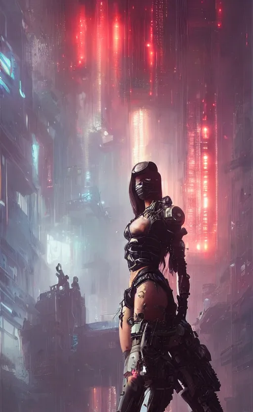 Prompt: « beautiful cyberpunk warrior by greg rutkowski, very detailed »
