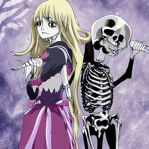 Image similar to a female necromancer and her skeleton friend, from a slice of life anime ; anime key visual by junji ito. tv anime series, kyoto animation.