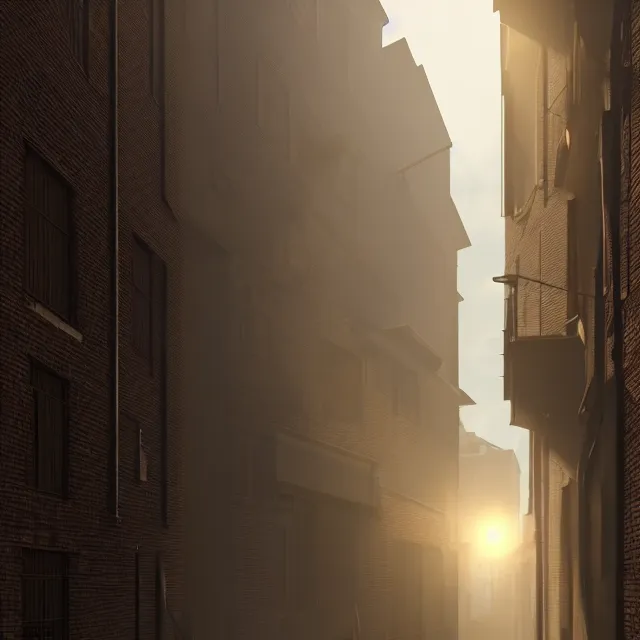 Prompt: a long narrow alleyway between buildings leading into the horizon by joseph ducreux, artstation, volumetric lighting, perfect, high detail