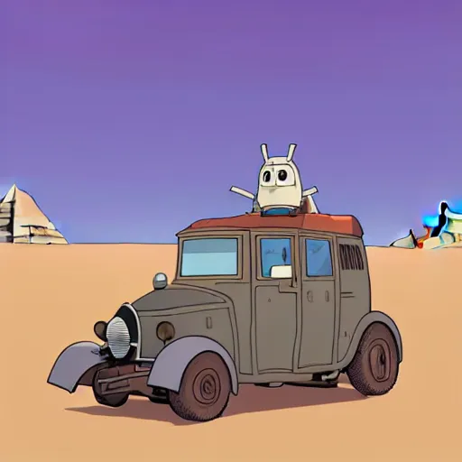 Prompt: a study of cell shaded cartoon of a mechanized grey owl from howl's moving castle ( 2 0 0 4 ), in front of pyramids on a desert road, full body, wide shot, very muted colors, post grunge, studio ghibli, laurie greasley, highly detailed, deviantart, art by artgem