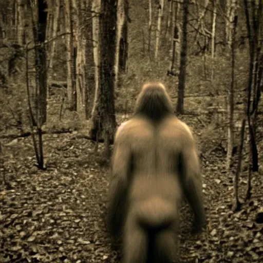 Image similar to a trailcam photo of bigfoot, grainy, vintage, partially obscured