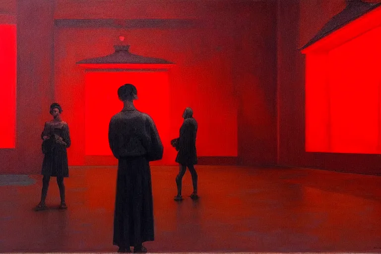 Image similar to only with red, crowd delirious at the sight of a painting, in a city square, in the style of beksinski, parts by edward hopper, parts by rodcenko, parts by yue minjun, intricate and epic composition, red by caravaggio, insanely quality, highly detailed, masterpiece, red light, artstation, 4 k