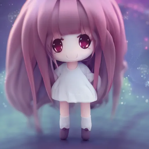 Prompt: cute fumo plush of a girl with a big heart, very long and unkempt hair, stylized pbr, subsurface scattering, outline glow, blob monster anime, bokeh, vray