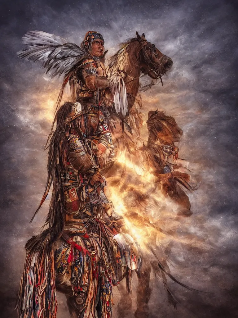 Image similar to American Indian warrior, stands looking at his horse, sacred feathers adorn, in a valley of quartz crystals, camp fire glows, hyper realistic, dystopian, solarpunk, steampunk, Mayan gods, realism, scifi magic imagery, best algorithm, digital cinema camera, cooke lens feel, wide angle, 3D modelling, digital art, art by artgerm
