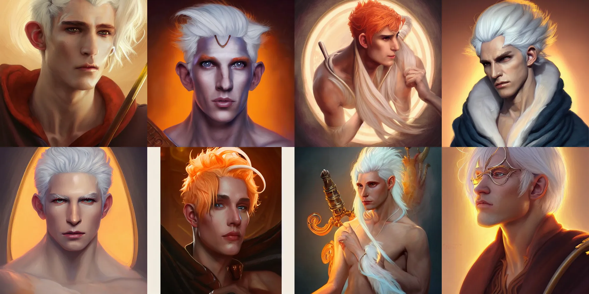 Prompt: portrait of an orange-skinned androgynous Tiefling bard with white hair, upper body, D&D, fantasy, intricate, cinematic lighting, highly detailed, digital painting, artstation, concept art, smooth, sharp focus, 8k, illustration, art by Artgerm and Greg Rutkowski and Alphonse Mucha