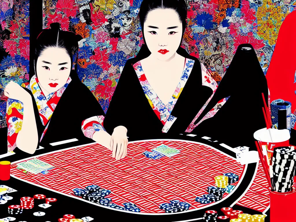 Image similar to hyperrealism composition of the detailed woman in a japanese kimono sitting at an extremely detailed poker table with darth vader, fireworks and folding screen on the background, pop - art style, jacky tsai style, andy warhol style, acrylic on canvas