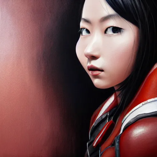 Prompt: perfect, realistic oil painting of close-up japanese young woman wearing leather jacket, in Mass Effect