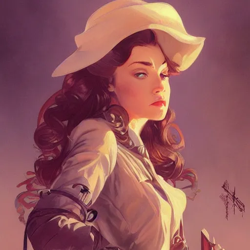 Image similar to beautiful female orson welles, portrait, western, steampunk, duster, fantasy, intricate, elegant, highly detailed, digital painting, artstation, concept art, sharp focus, illustration, art by artgerm and greg rutkowski and alphonse mucha