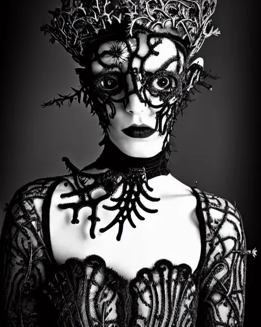 Image similar to surreal dark poetic black and white photo portrait of complex bio-mechanical beautiful young silver female vegetal-cyborg with a fur metal fine lace face, a very long neck and a fine metal floral foliage super big gothic lace collar and crown by Vivienne Westwood:: smoke, high fashion, haute couture, rococo, avant-garde, silver filigree details, anatomical, facial muscles, cable wires, microchip, elegant, dreamy, foggy atmosphere, hyper realistic, 150 mm lens, soft rim light, octane render, unreal engine, picture was taken in 1910 by Man Ray, volumetric lighting, dramatic light,8k,