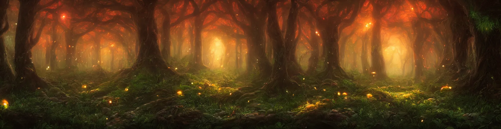 Prompt: Magical forest, fireflies, bioluminescent mushrooms, trending on artstation, wide angle, noah bradley