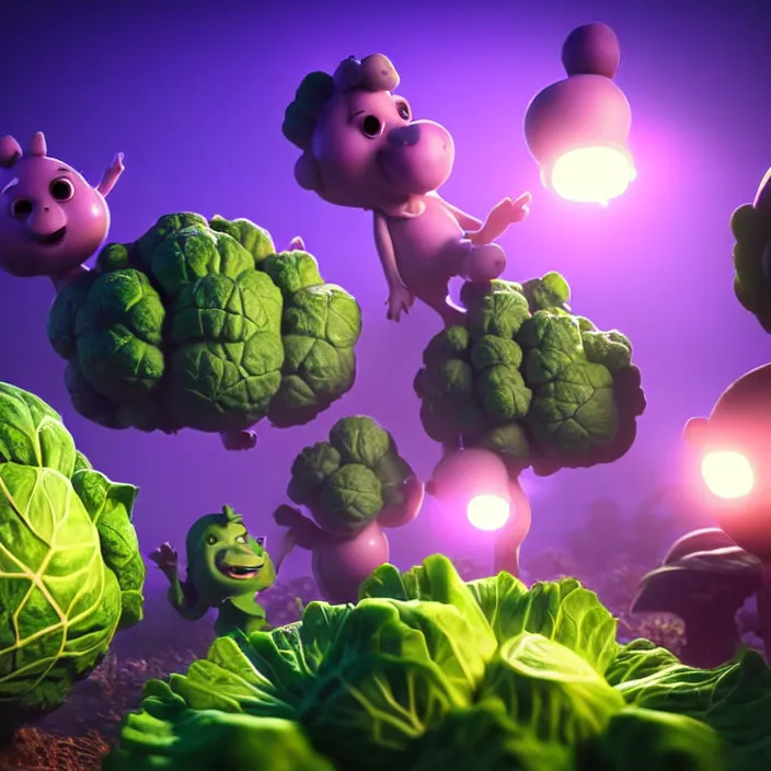 Prompt: high quality 3 d render very cute cabbages party! highly detailed, unreal engine cinematic smooth, moody purple glow light, low angle, uhd 8 k, sharp focus