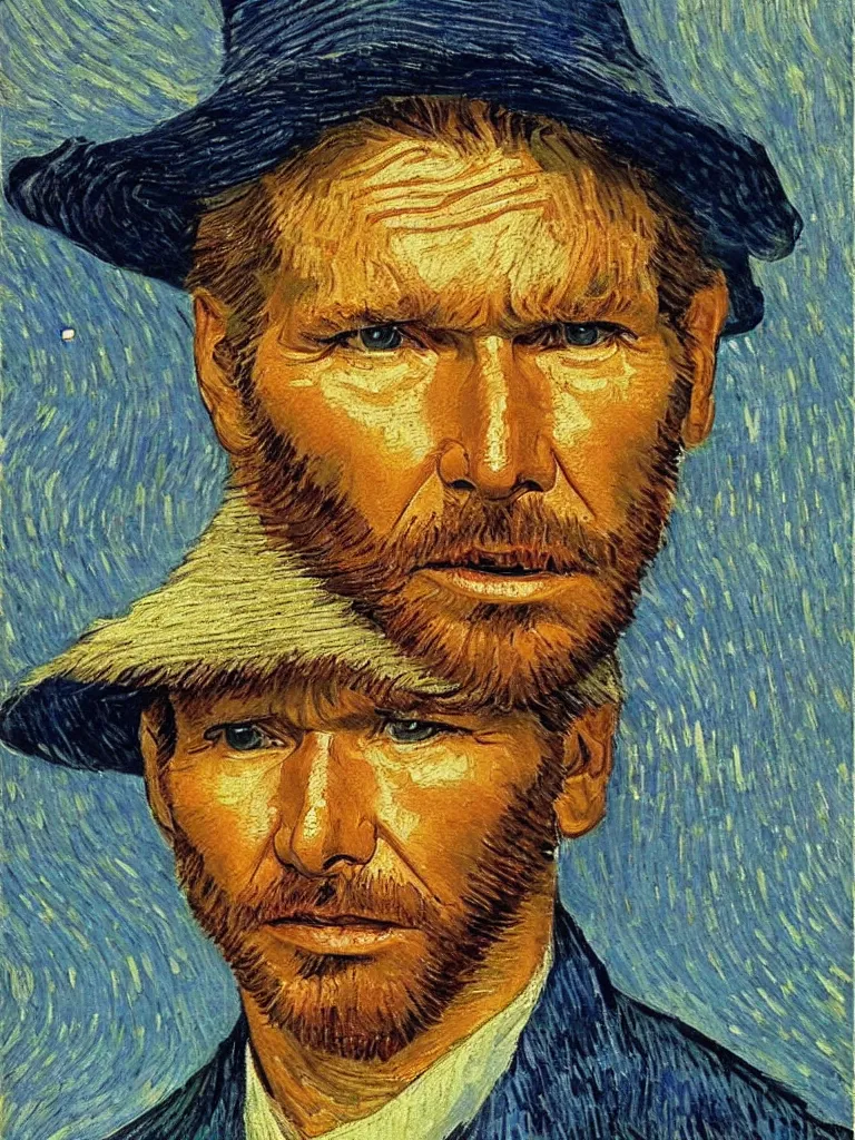 Prompt: harrison ford in the style of van gogh self portrait, face, detailed, sharp focus