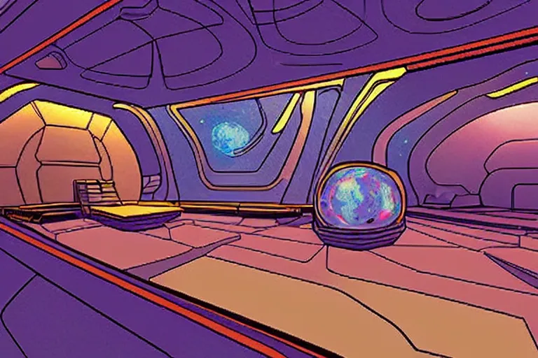 Prompt: a photograph of a space ship interior set design in a world inspired by jean giraud moebius and geoff darrow