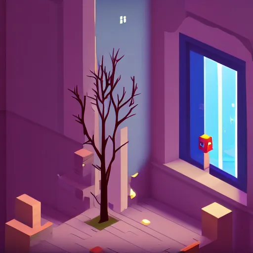 Prompt: a tree in front of a window with a light coming out of it, a screenshot from monument valley 2 by paul kelpe, pixiv contest winner, cubo - futurism, 2 d game art, isometric