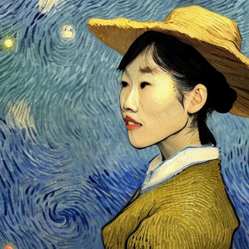 Prompt: A young Asian woman, probably in her 30s, insisted on cutting in line, so I advised her to get in line, and she yelled at me.soft light,4k,painted by artstation,painted by van Gogh.