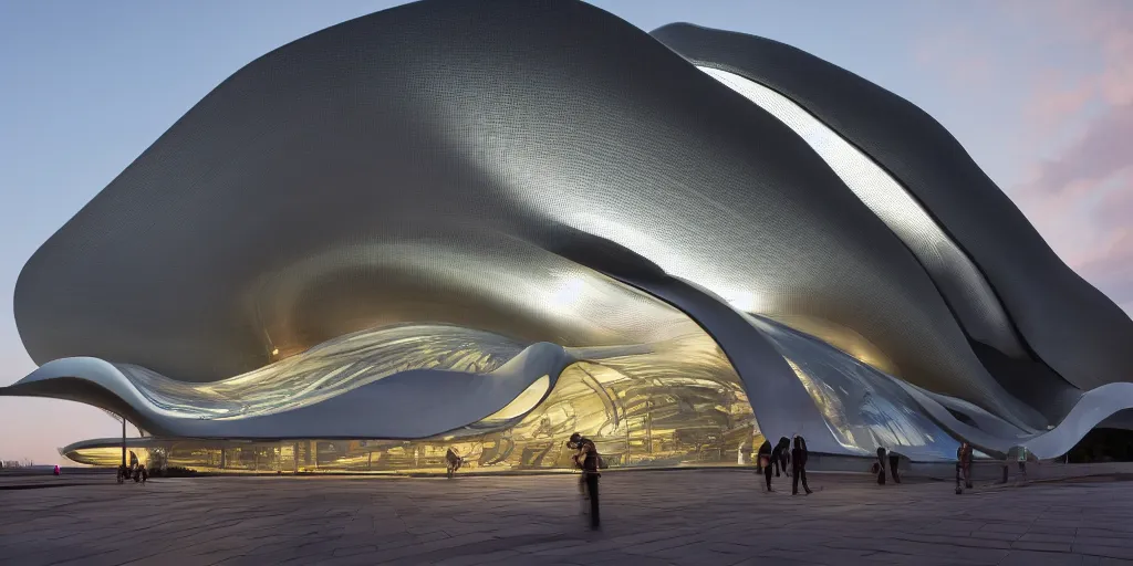 Image similar to extremely detailed awe stunning beautiful futuristic smooth curvilinear museum exterior, translucent gills, zaha hadid, stunning volumetric light, stainless steel, concrete, translucent material, beautiful sunset, hyper real, 8k, colorful, 3D cinematic volumetric light, atmospheric light