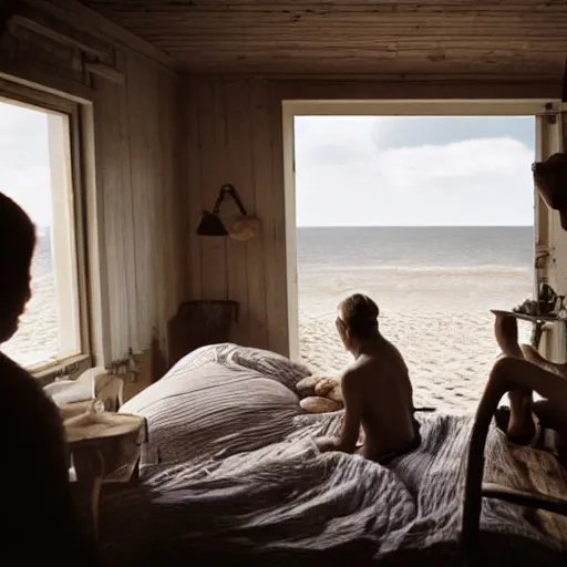 Prompt: summer'2 2, vacation at the baltic sea. people inside a summer home in the baltic, photo by gregory crewdson