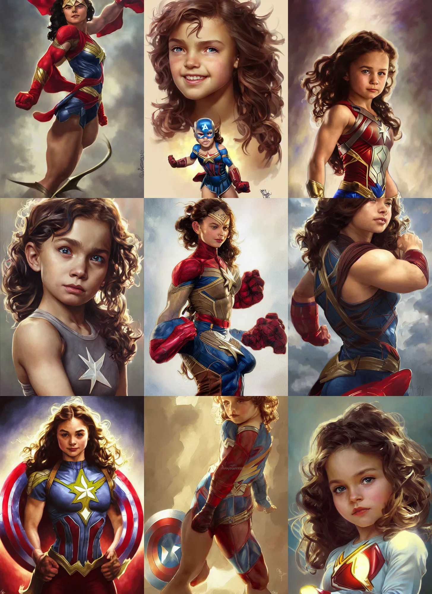 Prompt: a little muscled girl with a mischievous face and light brown curly wavy hair. she is dressed as captain america, batman, the flash, captain marvel, wonder woman, a superhero. clean elegant painting, beautiful detailed face. by artgerm and greg rutkowski and alphonse mucha