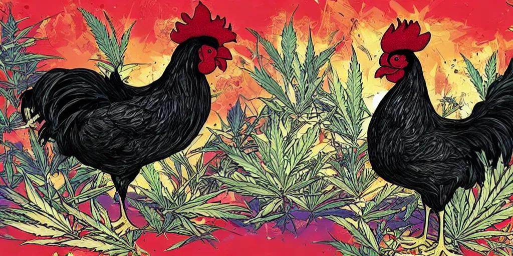 Image similar to 'black rooster'!!! smoking 'cannabis'!!!!!! in front of 'audio console'!!!! and 'pc masterrace RGB custom build'!!!!! 'multi monitors and projectors'!!!! 'in a hi-tech tv broadcasting studio with red camera rig'!!!!, artwork by James Gilleard