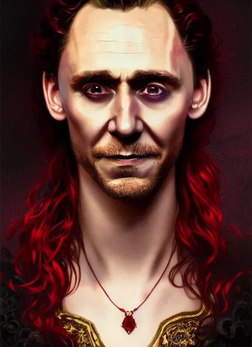 Image similar to portrait of tom hiddleston as a vampire lord, crimson peek, jewelry, greek, ruby, intricate, headshot, highly detailed, digital painting, artstation, concept art, sharp focus, cinematic lighting, illustration, art by artgerm and greg rutkowski, alphonse mucha, cgsociety