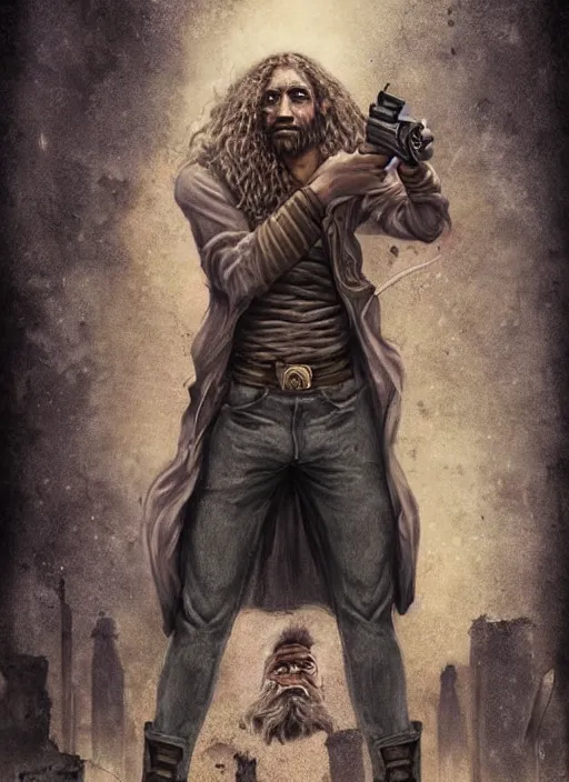 Image similar to portrait of a wizard holding a gun, the wizard has curly head and tattoos, the wizard holding a pistol points downwards, the wizard holding a pistol is only one and stands in a ruined city. by Ciryl Rolando, hyperrealistic illustration, digital art, studio lightning, very detailed faces