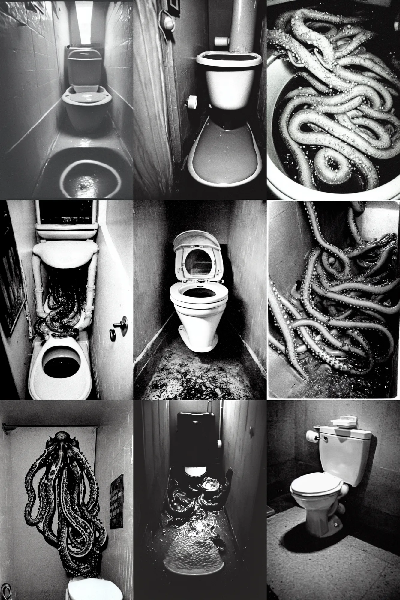 Prompt: grainy film photo of fat, slimy tentacles coming out of a toilet, very dark, creepy, scary, old film