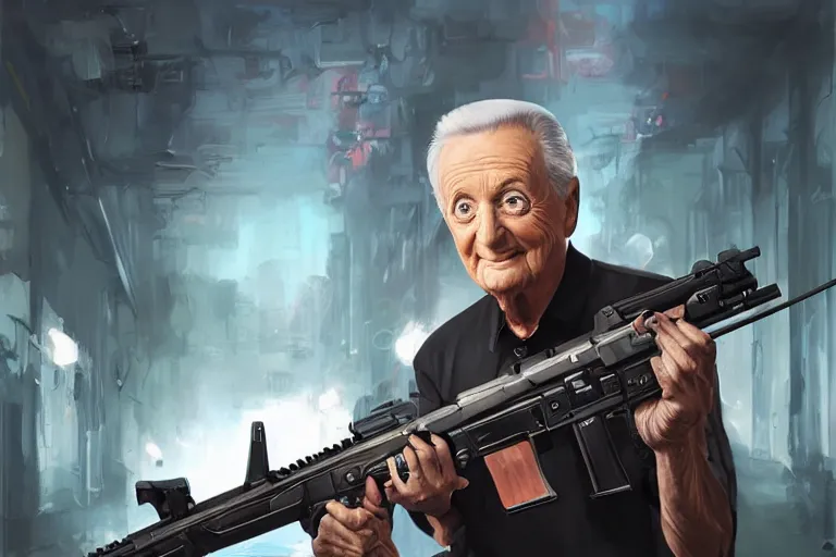 Prompt: portrait of bob barker holding an ak - 4 7, price is right set in background, charlie bowater, artgerm, ilya kuvshinov, krenz cushart, ruan jia, realism, ultra detailed, 8 k resolution