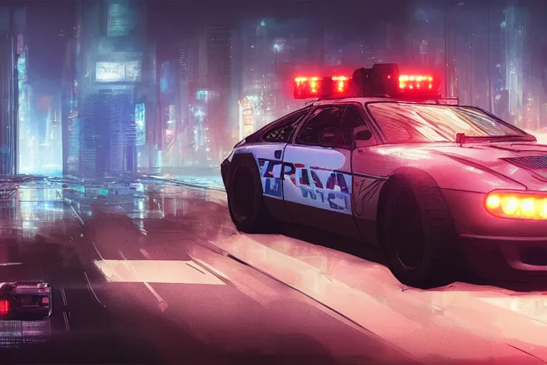 Image similar to akira cyberpunk bmw m 1 police car with lights flashing speeding down highway at high speed at night by greg rutkowski makoto shinkai takashi takeuchi studio ghibli, akihiko yoshida