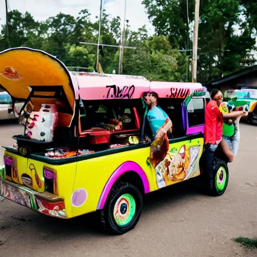 Prompt: a taco car called the smelly cat, with apple salsa and sprinting hitler