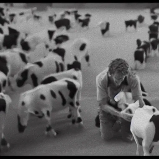 Prompt: a man covered in tiny cows realistic 3 5 mm cinematic