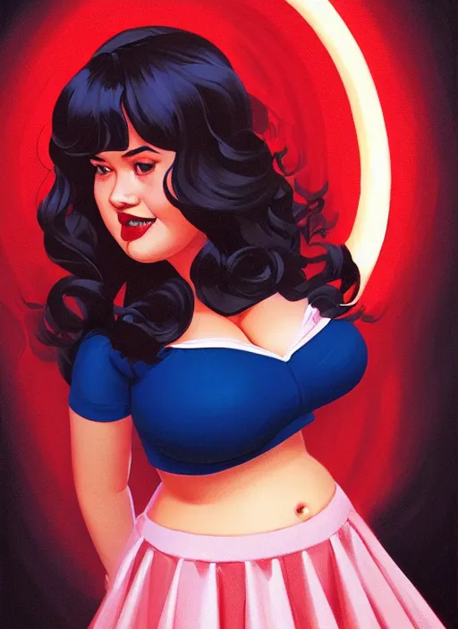 Image similar to full body portrait of teenage veronica lodge, obese, bangs, sultry, realistic, sultry smirk, wavy hair, red skirt, fat, belly, intricate, elegant, glowing lights, highly detailed, digital painting, artstation, concept art, smooth, sharp focus, illustration, art by wlop, mars ravelo and greg rutkowski