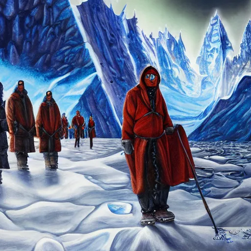 Image similar to menacing presence trailblazer Antarctica glacial cult ice mountain music king, realistic fantasy, oil painting, extremely high detail, photorealistic, cinematic lighting, oil painting, intricate line drawings, 4k resolution