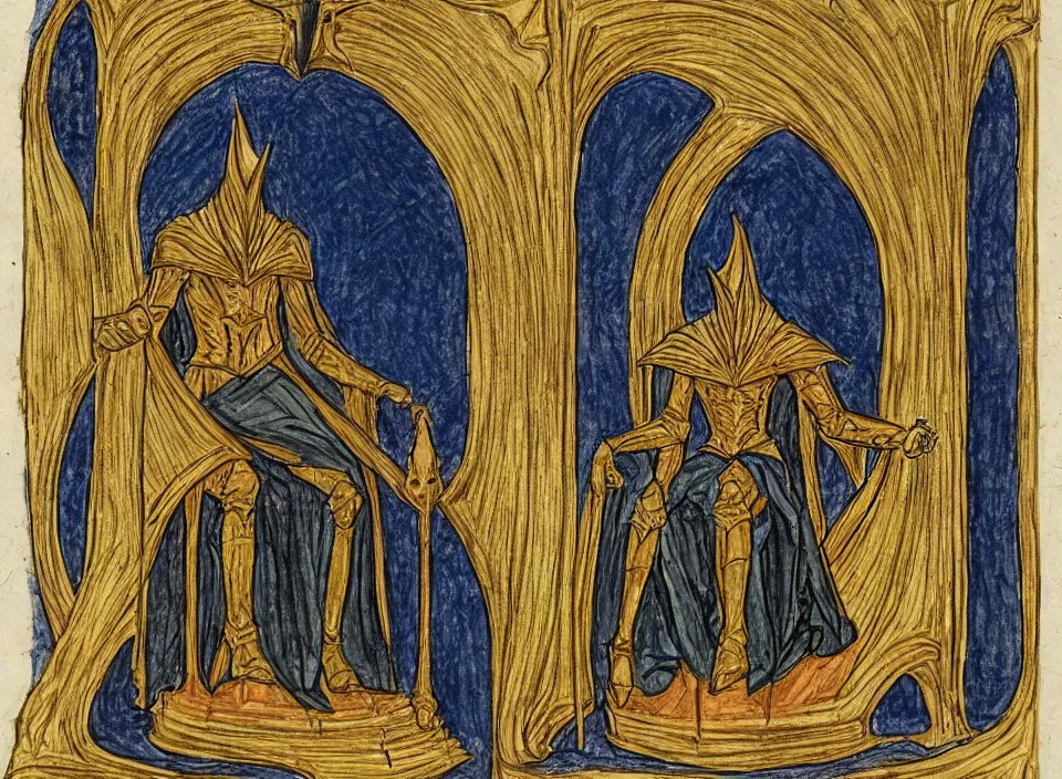 Image similar to a illuminated manuscript drawing of sauron sitting on a throne with the nazgul kneeling in front of him