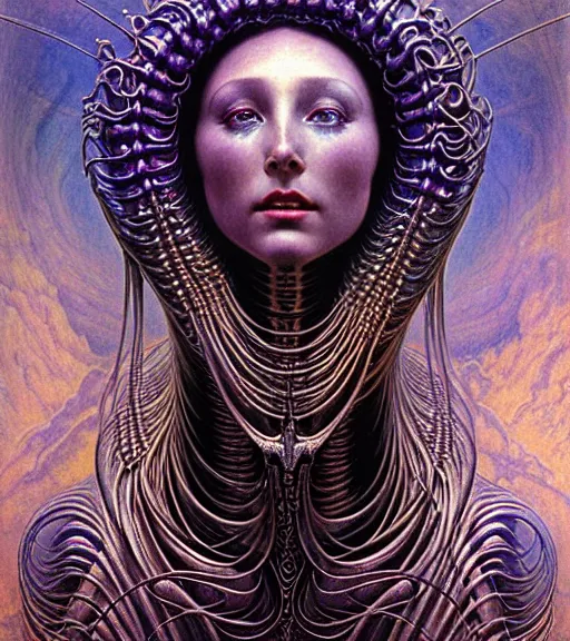 Prompt: detailed realistic beautiful young cher alien robot as queen of andromeda galaxy portrait by jean delville, gustave dore and marco mazzoni, art nouveau, symbolist, visionary, baroque giant fractal details. horizontal symmetry by zdzisław beksinski, iris van herpen, raymond swanland and alphonse mucha. highly detailed, hyper - real, beautiful