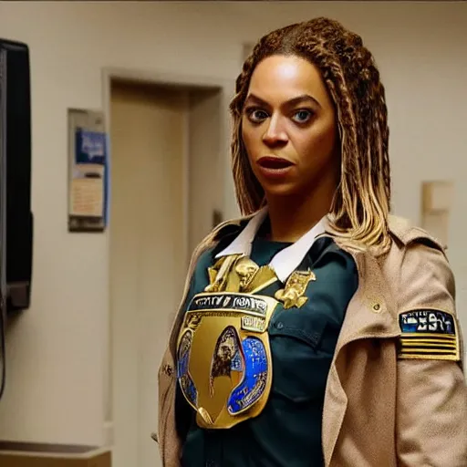 Prompt: Beyonce as a sheriff officer in the TV show stranger things