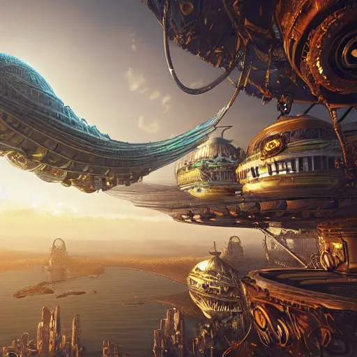 Image similar to enormous flying city in a gigantic faberge egg, sky, steampunk, flying islands, fantasy art, unreal engine,