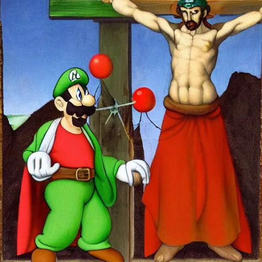 Image similar to mario and luigi at the crucifixion of christ in the style of raphael