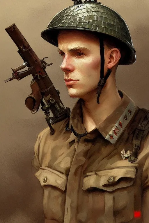 Image similar to A full portrait of a british world war two soldier, intricate, elegant, highly detailed, digital painting, artstation, concept art, smooth, sharp focus, illustration, art by Krenz Cushart and Artem Demura and alphonse mucha