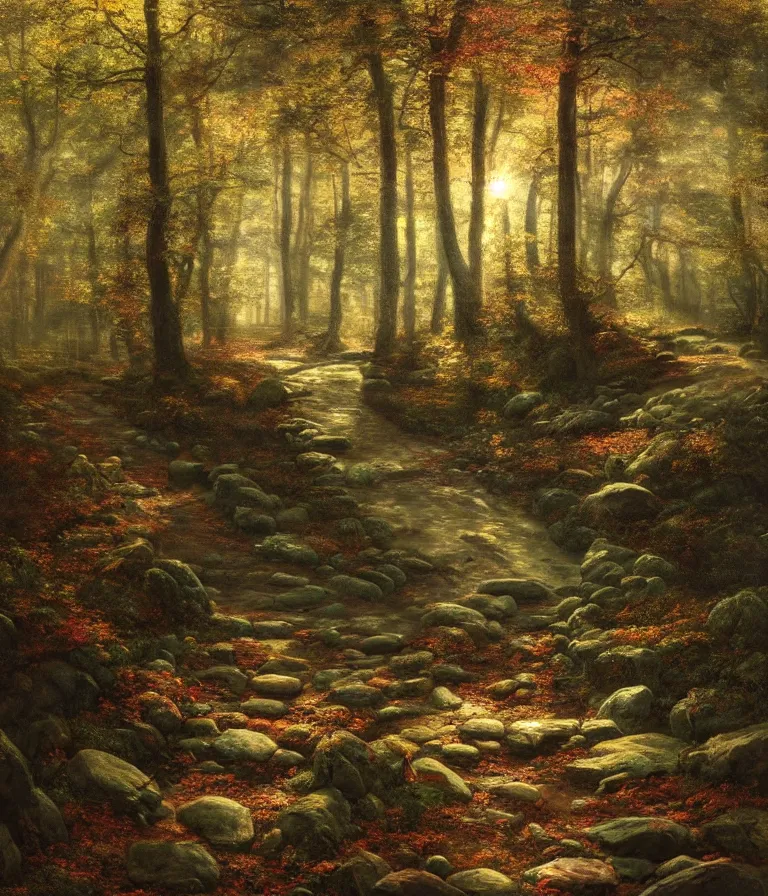 Image similar to a beautiful hyperrealistic detailed painting of a stone path leading up and through a magical forest, by federic edwin church, by fitz henry lane, gigantic, 3 d, brilliantly coloured, intricate, ultra wide angle, trending on artstation, whispy, sun beams, light, morning, volumetric lighting, polished, micro details